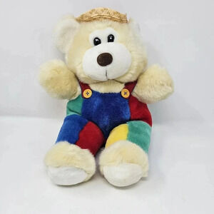 Tb Trading Vintage Teddy Bear Stuffed Farmer Plush Red Green Bib Straw Hat 14"